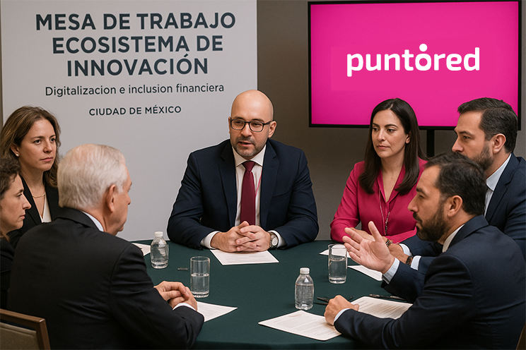 Representante de Puntored participando en la Mesa de Trabajo del Ecosistema de Innovación con inteligencia artificial de fondo