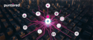 Ilustración de microempresas conectadas por nodos a una laptop, simbolizando la digitalización para microempresas