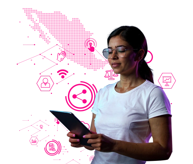 Mujer usando tableta digital con fondo tecnológico - Puntored Transmisor