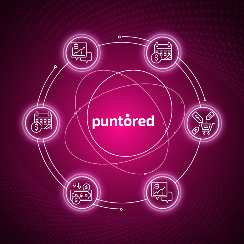 Ilustración en tonos magenta con el logo de Puntored al centro y un círculo de íconos financieros (pagos, calendario, analytics, carrito). Representa un ecosistema de educación financiera integrada dentro de productos y servicios digitales.