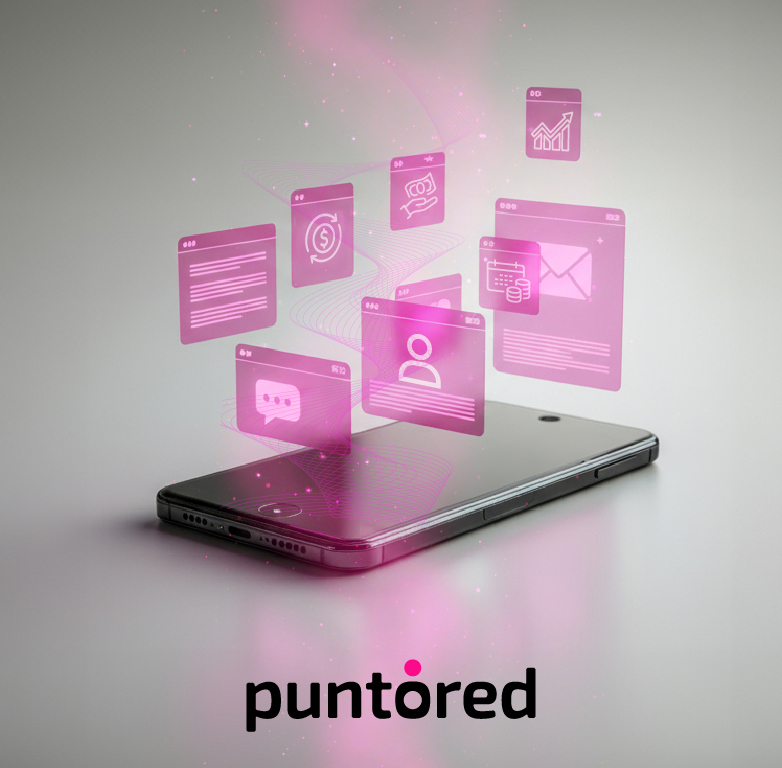 Smartphone con tarjetas flotantes de pagos, métricas, mensajería y perfil en tonos magenta. Concepto de inteligencia embebida en fintech México incorporada a apps móviles.