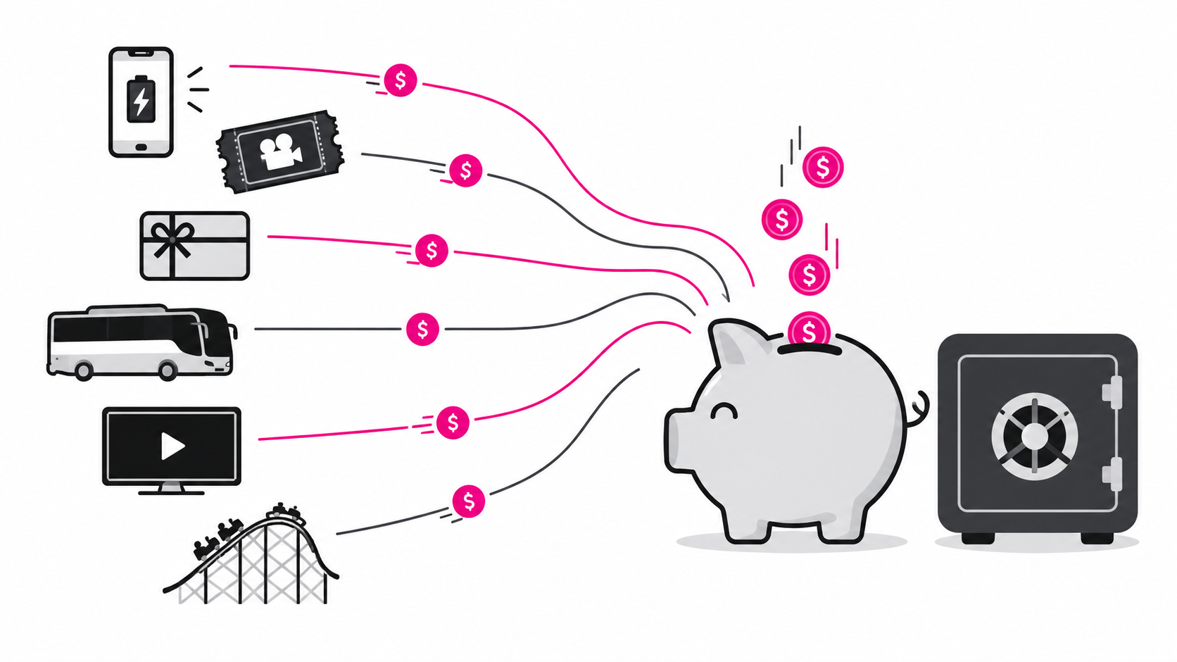 Ilustración de compras diarias como cine y recargas que se convierten en ahorro para el retiro