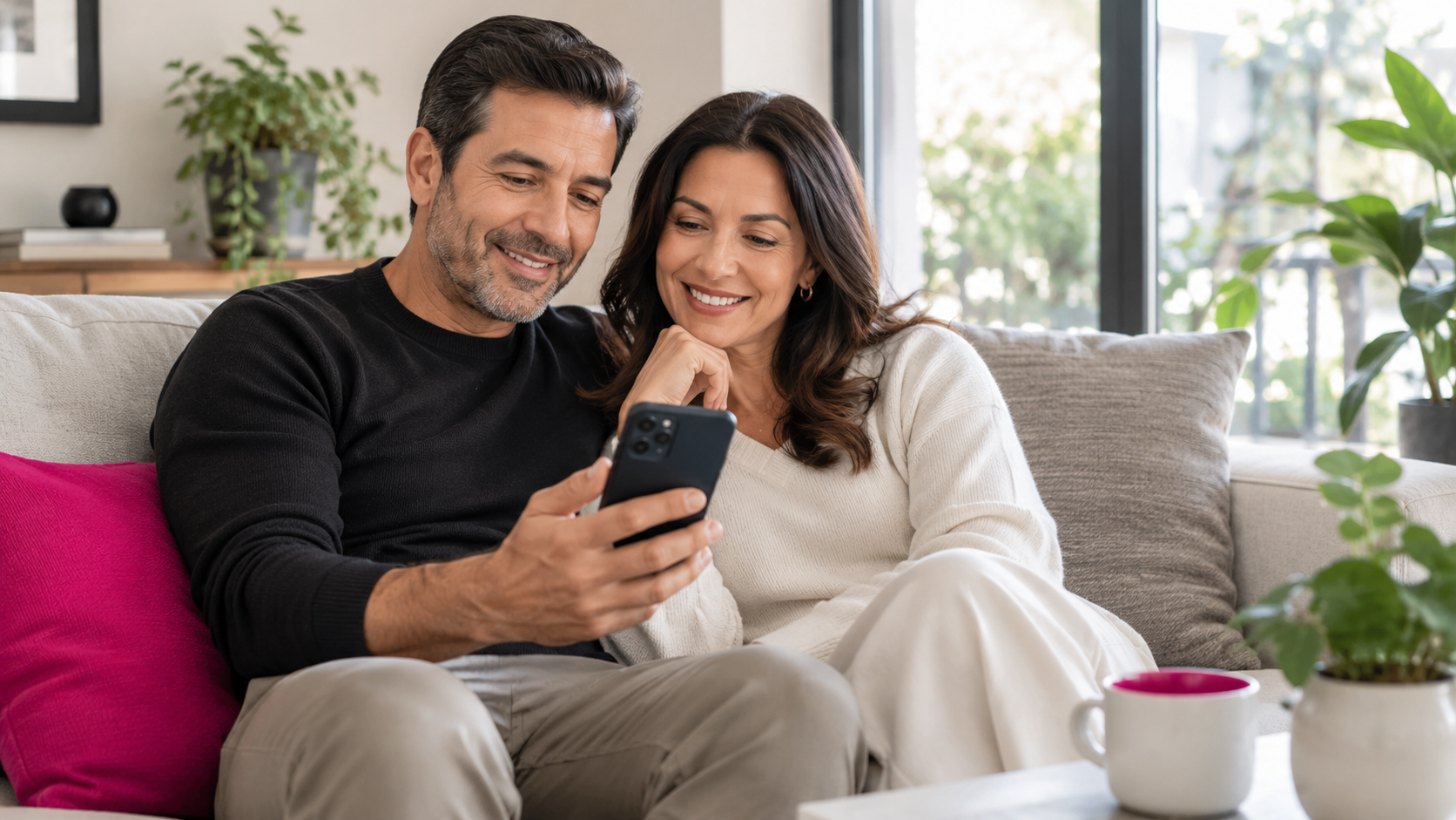 Pareja mexicana revisa en el celular su ahorro voluntario para el retiro en casa